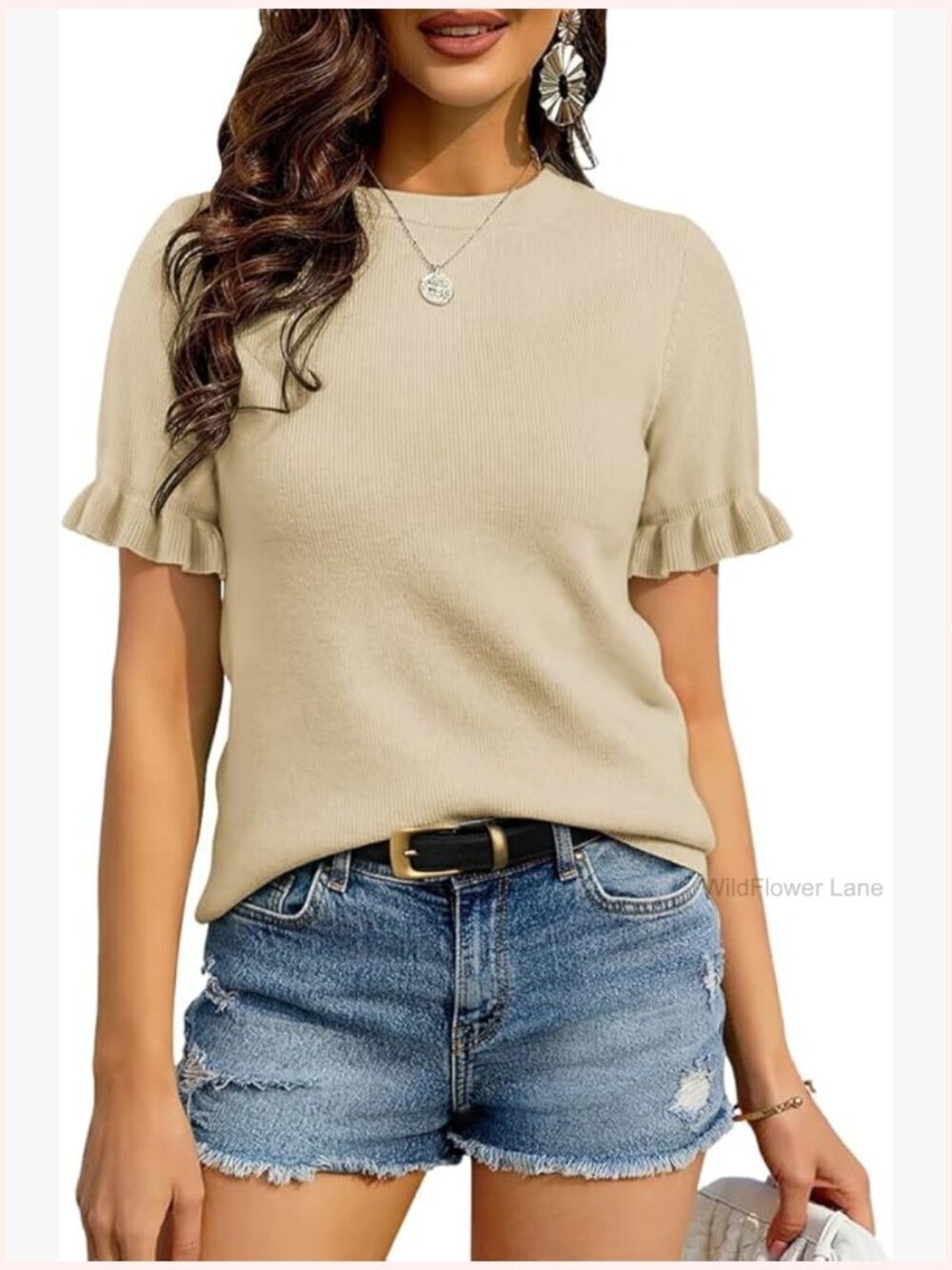 Short Sleeve Ruffle Flowy Knit Top Crew Neck Boho Dressy Lightweight Spring